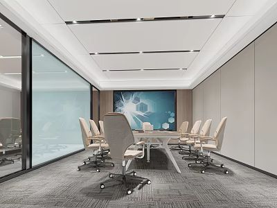 Modern Meeting Room Interior With Glass Partitions Large Screen Conference Table Chairs And Gray Carpet 3d model
