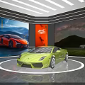 Modern Car Showroom Display With Green Red Sports Cars And Scenic Background Screens