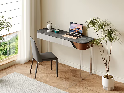 Modern Desk With Marble Top Laptop Lamp Gray Chair And Potted Plant Near Window 3d model