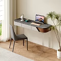 Modern Desk With Marble Top Laptop Lamp Gray Chair And Potted Plant Near Window
