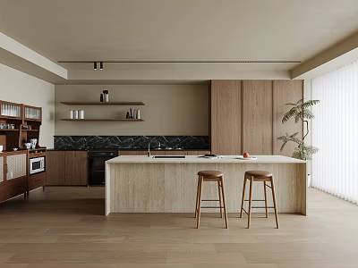 Modern Kitchen Interior With Wooden Cabinets Island Counter Bar Stools Potted Plant And Oven 3d model