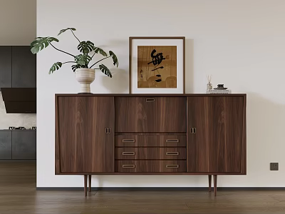 Modern Minimalist Walnut Wooden Entryway Side Cabinet With Potted Plant Framed Artwork And Decorative Items 3d model