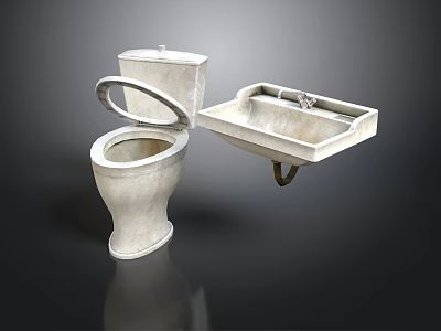 White Bathroom Toilet With Open Lid And Wall Mounted Sink Fixture 3d model