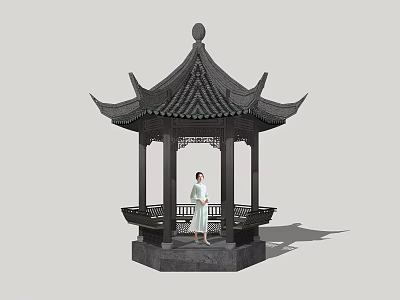 Chinese Traditional Pavilion With Classic Roof Eaves And Person In Traditional Clothing 3d model