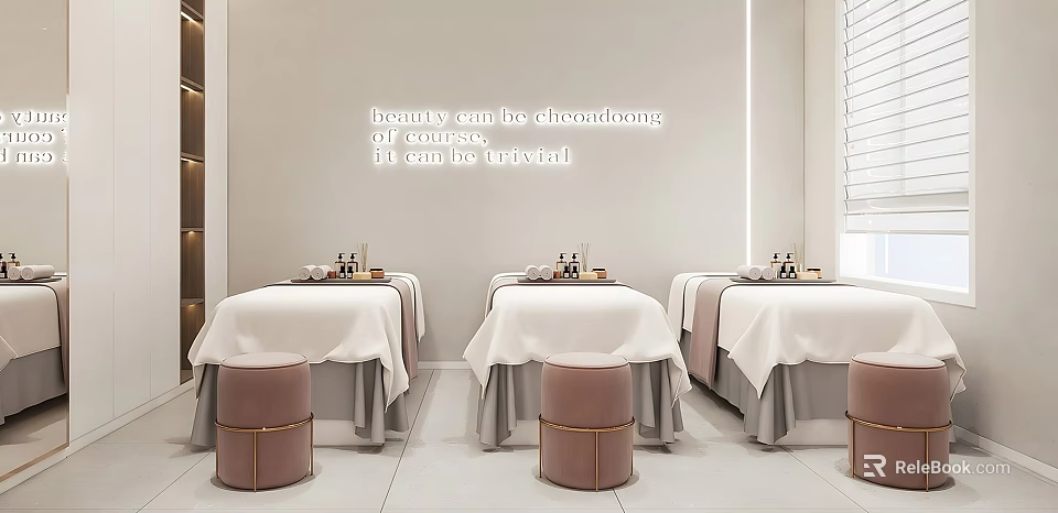 Modern Beauty Salon Interior With Treatment Beds White Linens And Pink Stools 3d model 