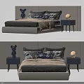 Modern Gray Upholstered Double Bed With Decorative Pillows Nightstands And Table Lamp 3d model