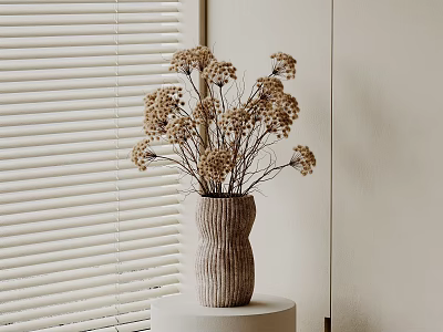 Dried Flowers in Textured Beige Vase on Small White Table Against Beige Window Blinds 3d model
