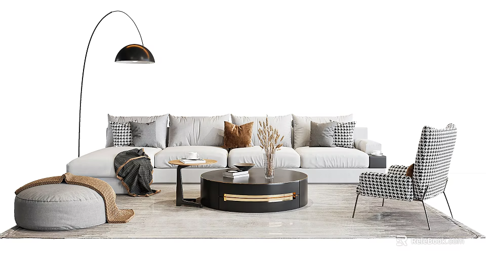Modern Light Gray Sofa Coffee Table Combination with Plush Pillows and Round Black Table Top 3d model