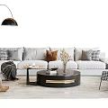 Modern Light Gray Sofa Coffee Table Combination with Plush Pillows and Round Black Table Top 3d model