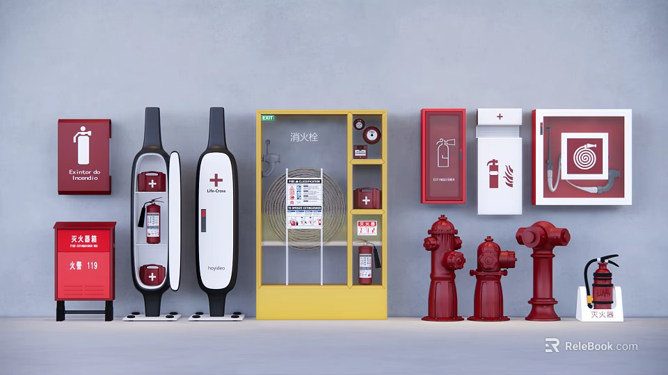 Comprehensive Fire Equipment Assortment with Hydrants Extinguishers First Aid Kits and Cabinets 3d model 