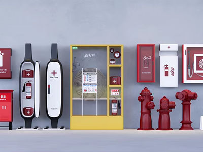 Comprehensive Fire Equipment Assortment with Hydrants Extinguishers First Aid Kits and Cabinets 3d model