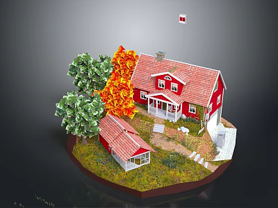 Red House With Red Roof Green Orange Trees Small Outbuilding Grass Path Flag On Roof 3d model