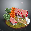 Red House With Red Roof Green Orange Trees Small Outbuilding Grass Path Flag On Roof