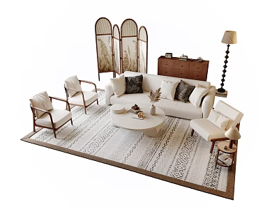 Modern Living Room Sofa And Coffee Table Set With Armchairs Rug Floor Lamp And Screen 3d model