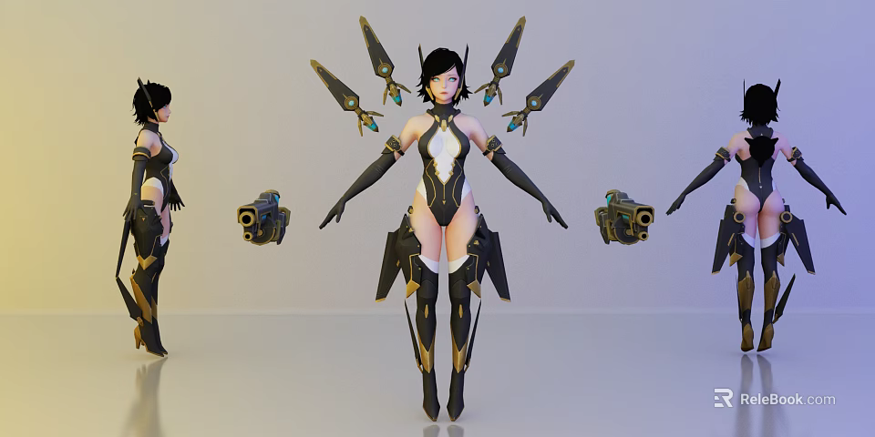 Game Movie Female Character With Mecha Wings Black White Gold Outfit And Weapons In Sci Fi Design 3d model 