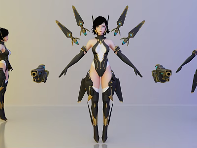 Game Movie Female Character With Mecha Wings Black White Gold Outfit And Weapons In Sci Fi Design 3d model