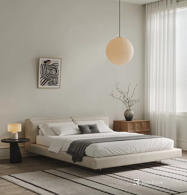 Beige Double Bed With White Gray Pillows Blanket Nightstand Lamp Vase Painting Pendant Light Curtains 3d model 