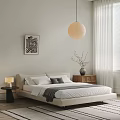 Beige Double Bed With White Gray Pillows Blanket Nightstand Lamp Vase Painting Pendant Light Curtains