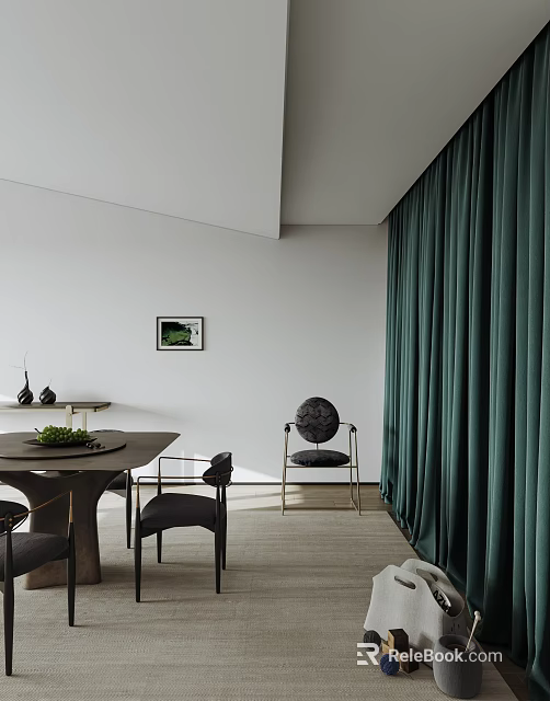 Modern Restaurant Interior Design With Dark Green Velvet Curtains Dining Table And Chairs 3d model 
