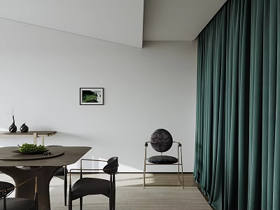Modern Restaurant Interior Design With Dark Green Velvet Curtains Dining Table And Chairs 3d model