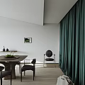 Modern Restaurant Interior Design With Dark Green Velvet Curtains Dining Table And Chairs