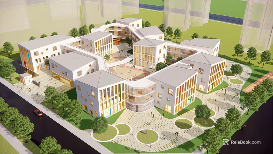 Modern Multi Story School Campus Buildings With Central Courtyard Open Space Greenery And Trees 3d model 