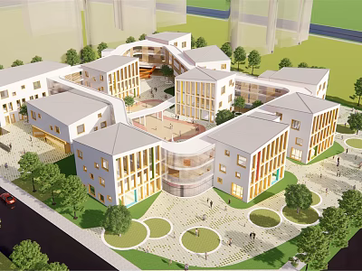 Modern Multi Story School Campus Buildings With Central Courtyard Open Space Greenery And Trees 3d model