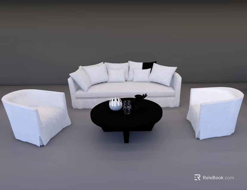 Modern White Sofa Set With Two Round Armchairs And Black Coffee Table Decorations 3d model 