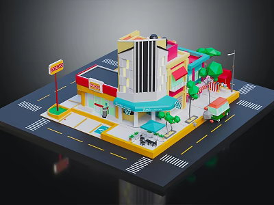 Cartoon Style Colorful Building Scene With Coco Sign Trees Street Lamp Outdoor Seating And Vehicle 3d model