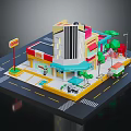 Cartoon Style Colorful Building Scene With Coco Sign Trees Street Lamp Outdoor Seating And Vehicle