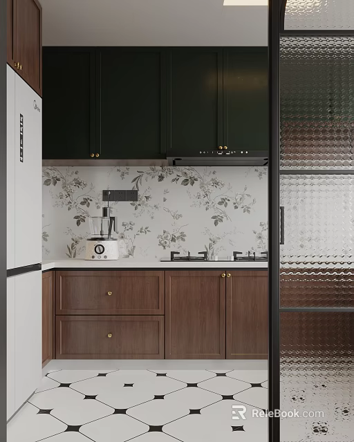 Elegant Retro Kitchen With Dark Green Upper Cabinets Wooden Lower Cabinets Floral Backsplash Decor 3d model 