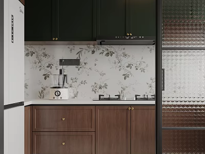 Elegant Retro Kitchen With Dark Green Upper Cabinets Wooden Lower Cabinets Floral Backsplash Decor 3d model
