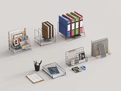 Organized Office Folders In Metal Racks With Notebooks Calculator And Photo Frames 3d model