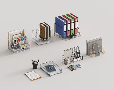 Organized Office Folders In Metal Racks With Notebooks Calculator And Photo Frames 3d model
