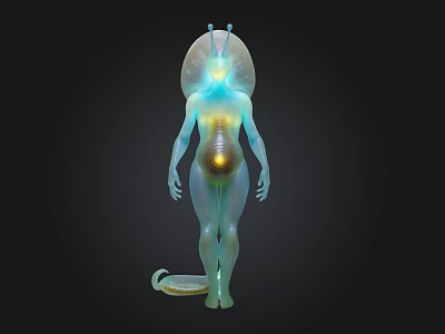 Futuristic Sci Fi Translucent Humanoid 3D Model With Glowing Core And Antenna 3d model