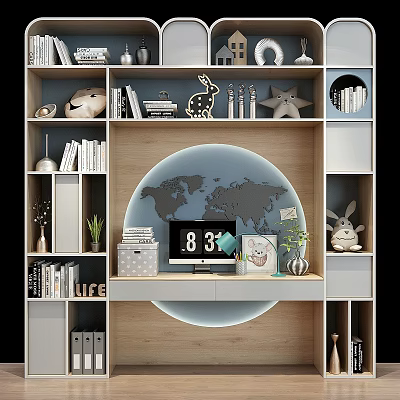 Modern Bookshelf With Books Decorations World Map Clock Rabbit Figurine And Plant 3d model