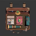 Open Brown Suitcase With Camera Kettle Rope Books And Colorful Box