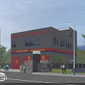 Fire Station Exterior With Gray Building Red Doors Street Vehicles And Trees