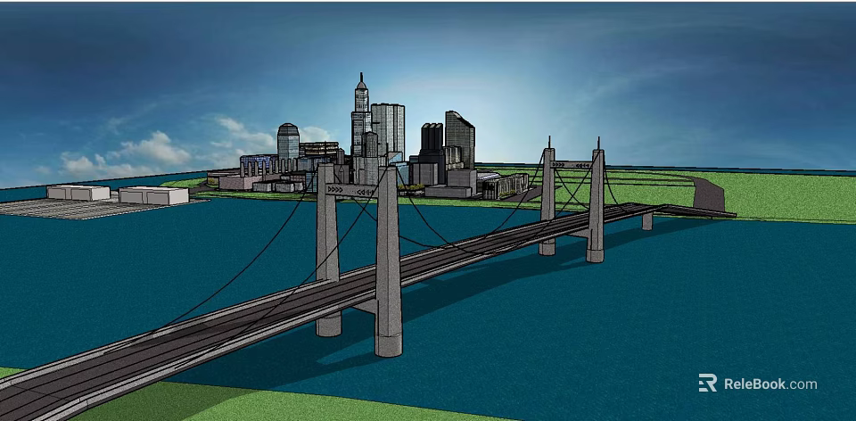 Cable Stayed Bridge Featuring Tall Pylons Cables And City Skyline Over Blue Water 3d model 