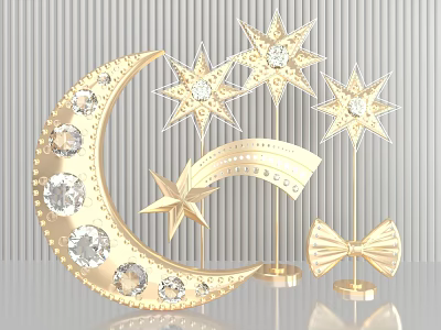 Golden Diamond Encrusted Art Installation Featuring Moon Stars Shooting Star And Bow 3d model
