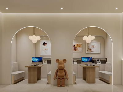 Elegant Modern Retail Store Interior With Arched Doorways Pendant Lights And Display Tables 3d model