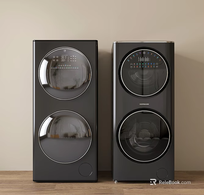 Two Black Modern Washing Machines With Double Drum And Digital Control Panel 3d model 