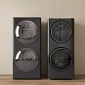 Two Black Modern Washing Machines With Double Drum And Digital Control Panel