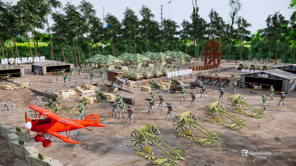 Military Model Scene With Soldiers Cannons Red Airplane And Green Trees 3d model 