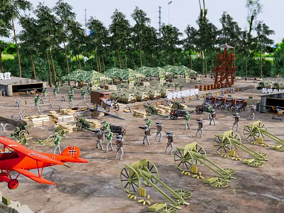 Military Model Scene With Soldiers Cannons Red Airplane And Green Trees 3d model