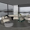 Modern Living Room With Large Glass Windows Mountain Lake View White Sofa And Green Ottoman