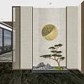 Modern Entryway Interior Design With Circular Wall Art Mini Pine Tree And Stone Flooring 3d model