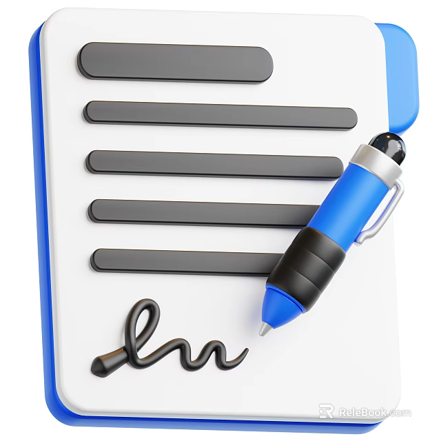 Blue And Black Pen On White Notebook With Gray Lines And Handwritten Signature 3d model 