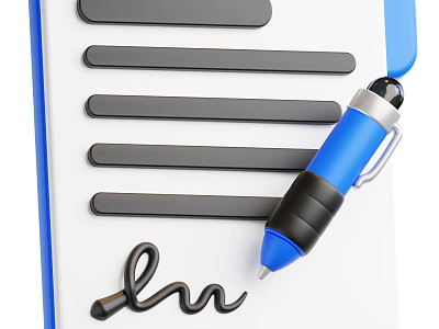 Blue And Black Pen On White Notebook With Gray Lines And Handwritten Signature 3d model
