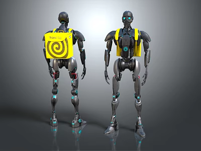 Two Humanoid Robots With Black Bodies Yellow Spiral Backs Blue Eyes And Mechanical Joints 3d model